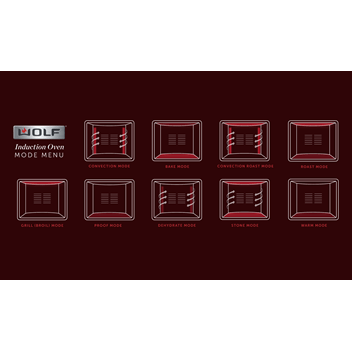 Wolf's Induction Range has many modes: convection, bake, convection roast, roast, grill, proof, dehydrate, stone, and warm.