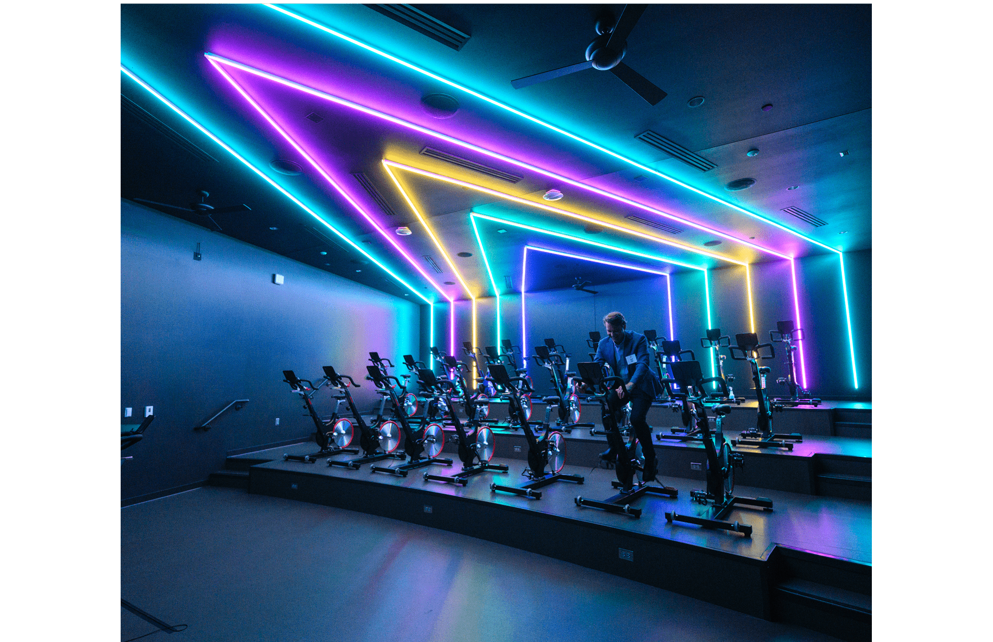The Bakke Recreation & Wellness Center at the University of Wisconsin-Madison with their colorful cycling room.