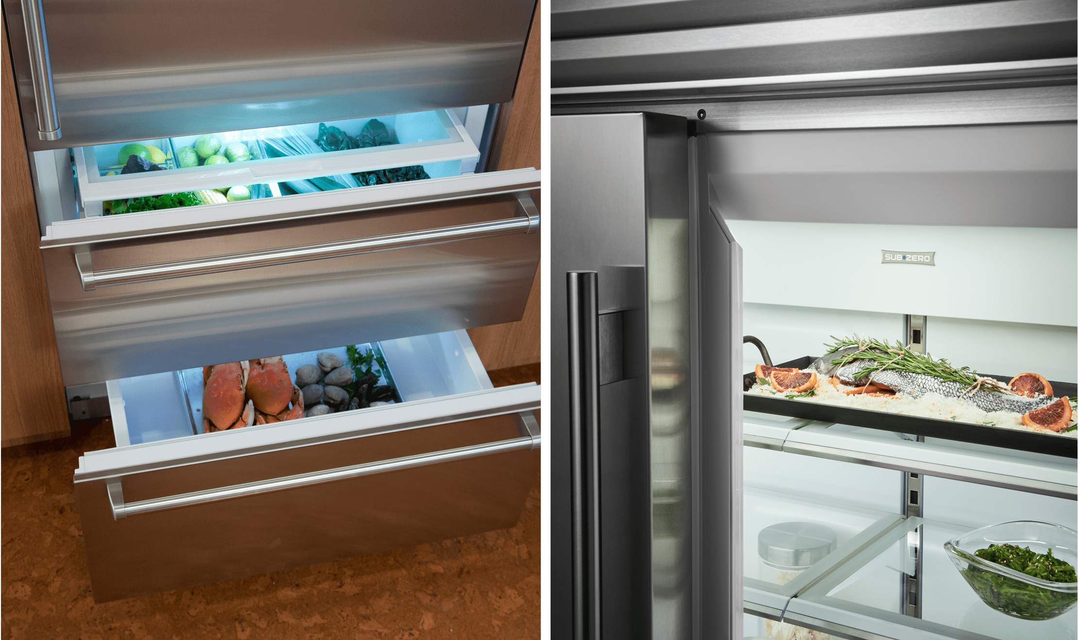 Sub-Zero refrigerators can be purchased in panel-ready and stainless steel with stainless steel accents on the interior.
