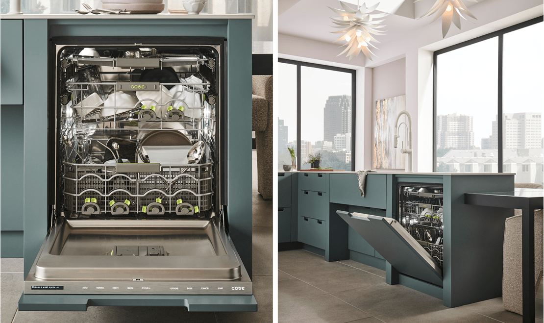 On the left, an interior image of a Cove dishwasher with dishes. On the right, a wide shot of the dishwasher in the kitchen.