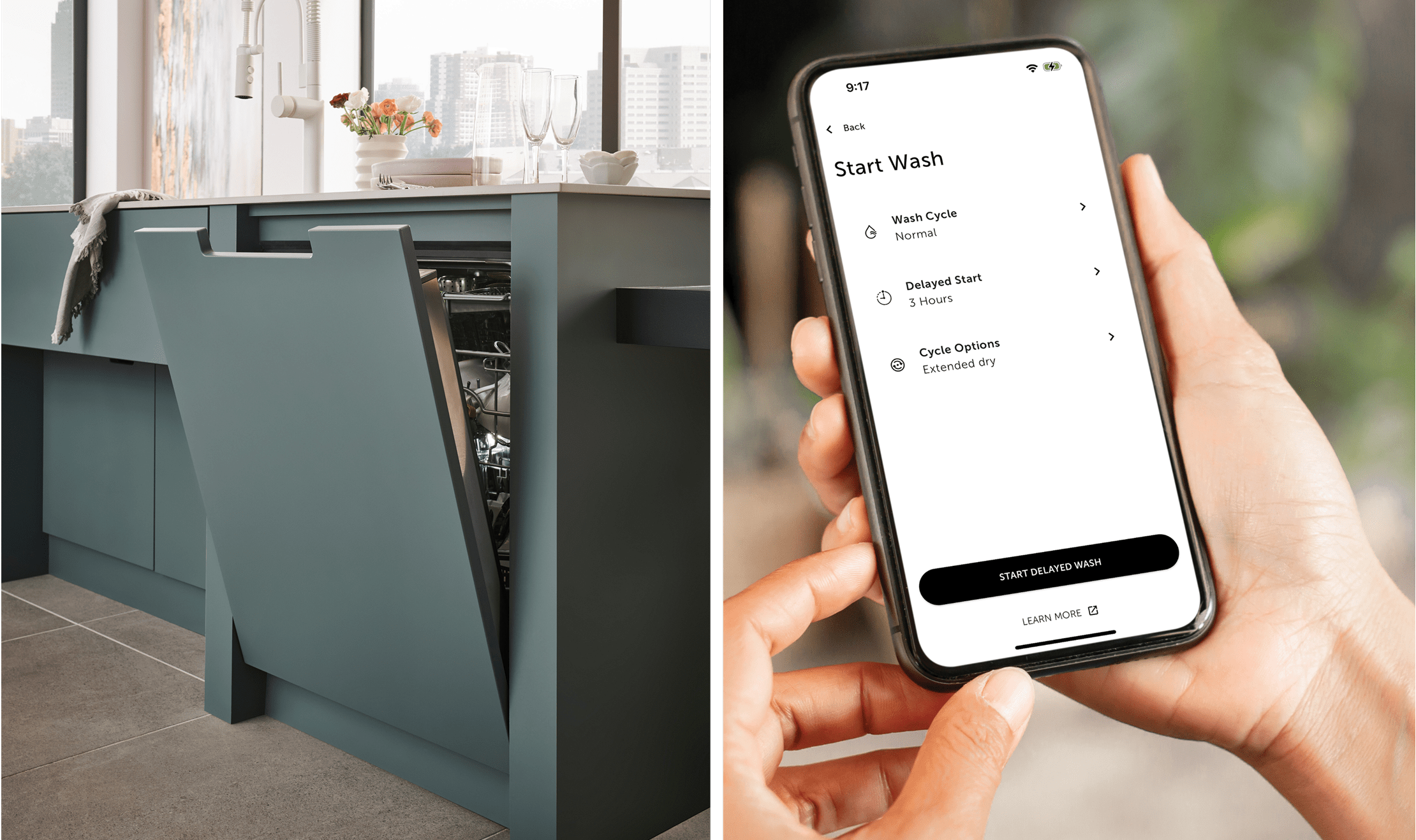 On the left, a paneled Cove Dishwasher slightly opened with dishes inside. On the left, the Sub-Zero Group Owner's App.