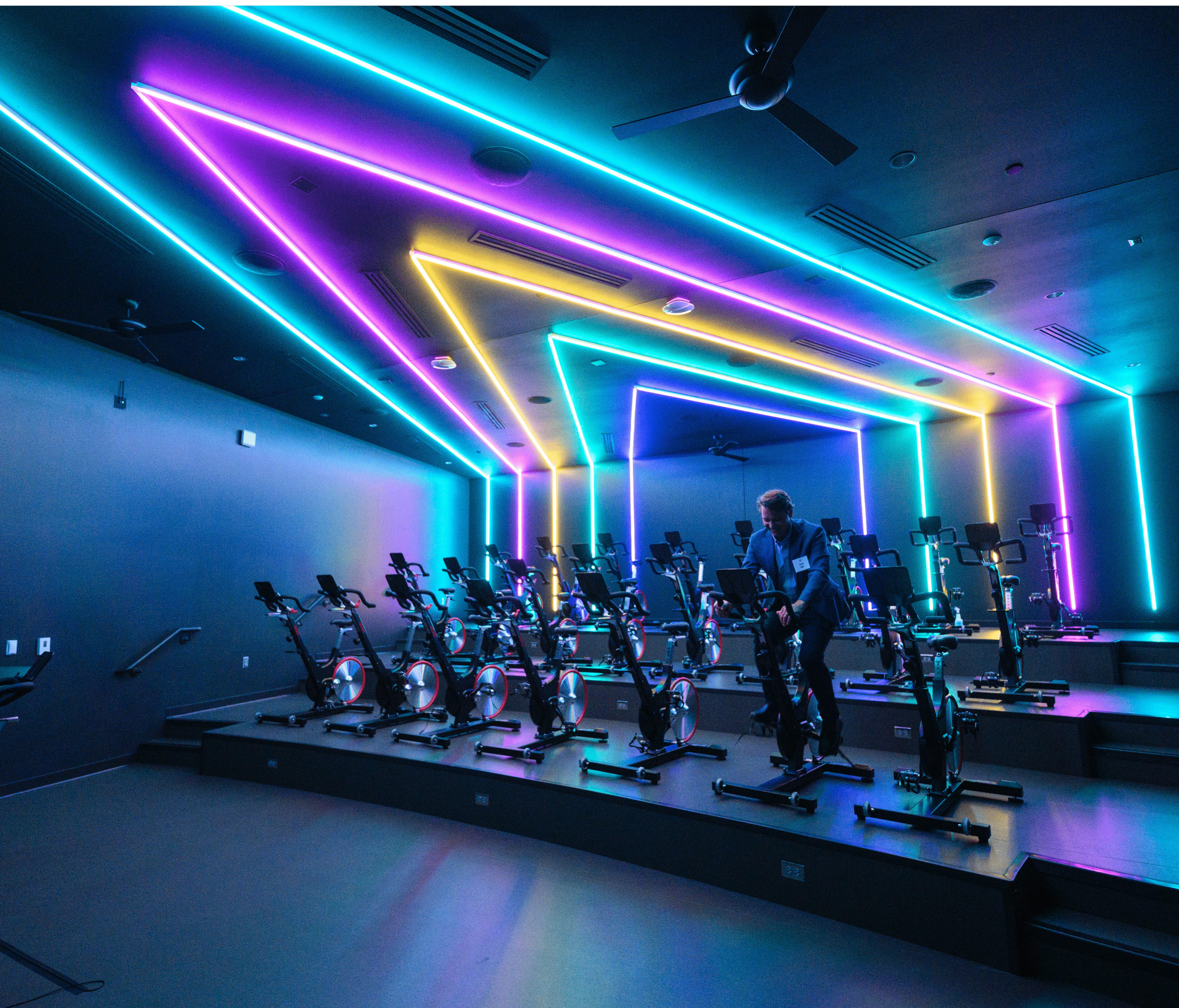 The Bakke Recreation & Wellness Center at the University of Wisconsin-Madison with their colorful cycling room.