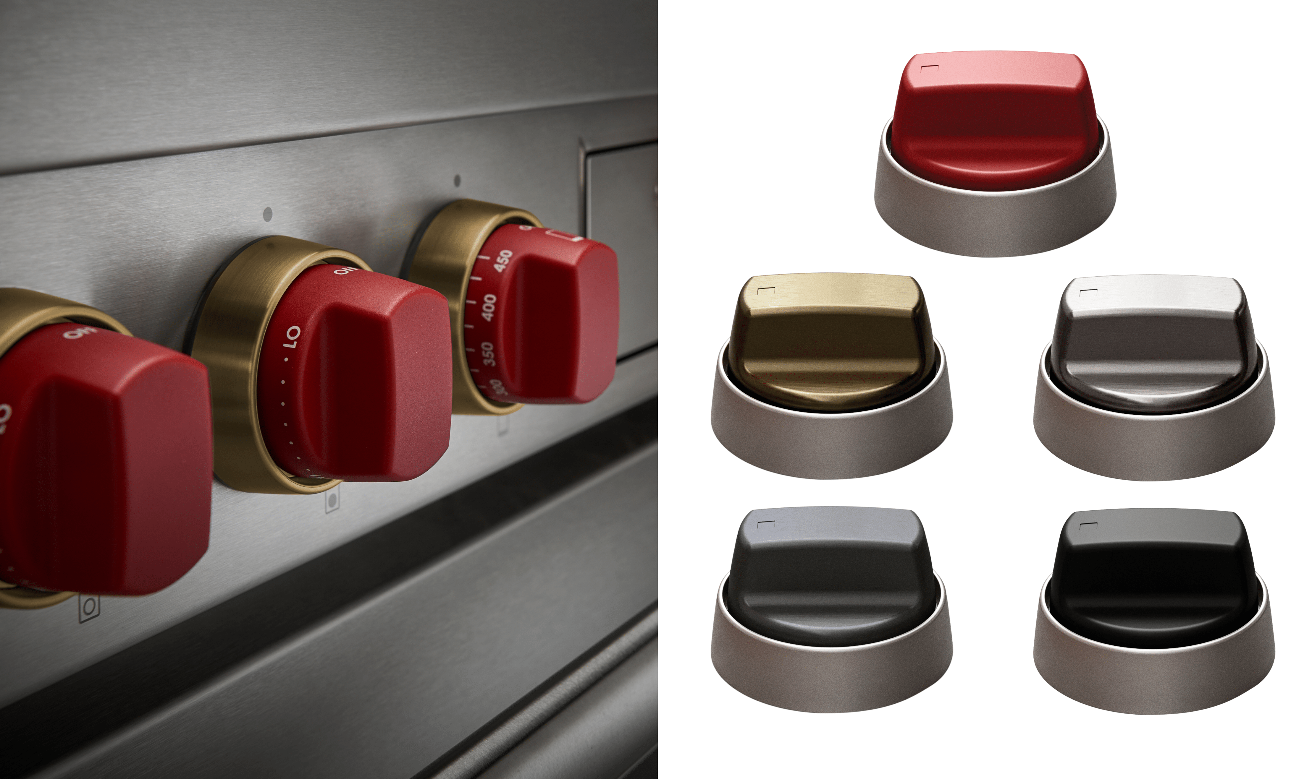 Knobs come in red, black, brushed stainless, gray and, brass. Bezels come in brushed stainless or brushed brass.