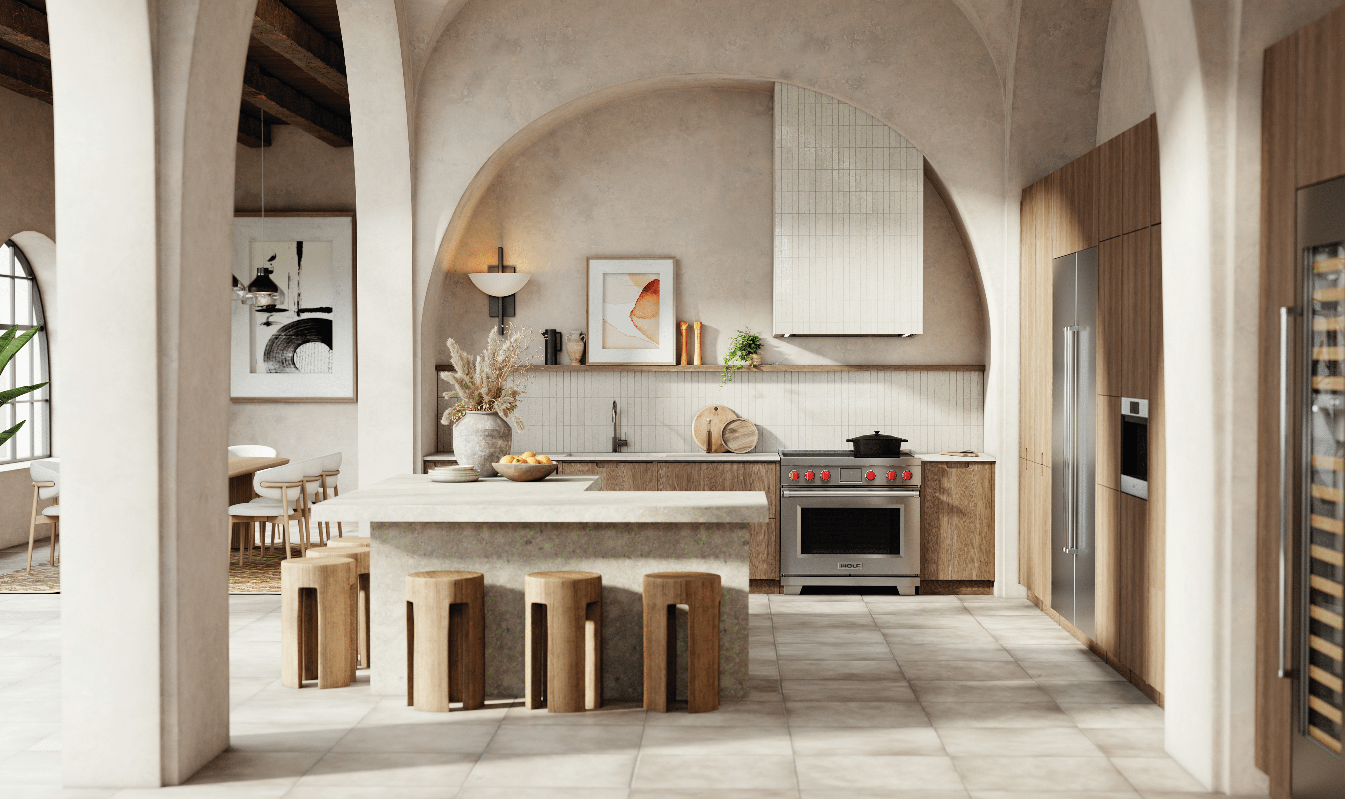 The Professional Induction Range with red knobs and a stainless steel finish sits in a professionally-designed, luxury kitchen.