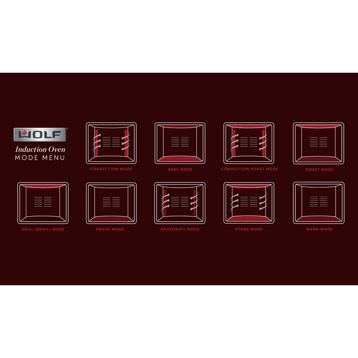 Wolf's Induction Range has many modes: convection, bake, convection roast, roast, grill, proof, dehydrate, stone, and warm.