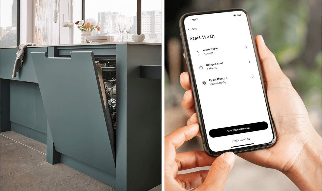 On the left, a paneled Cove Dishwasher slightly opened with dishes inside. On the left, the Sub-Zero Group Owner's App.
