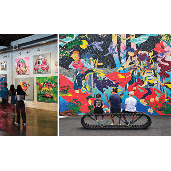 A room filled with   urban art on coutless canvases.