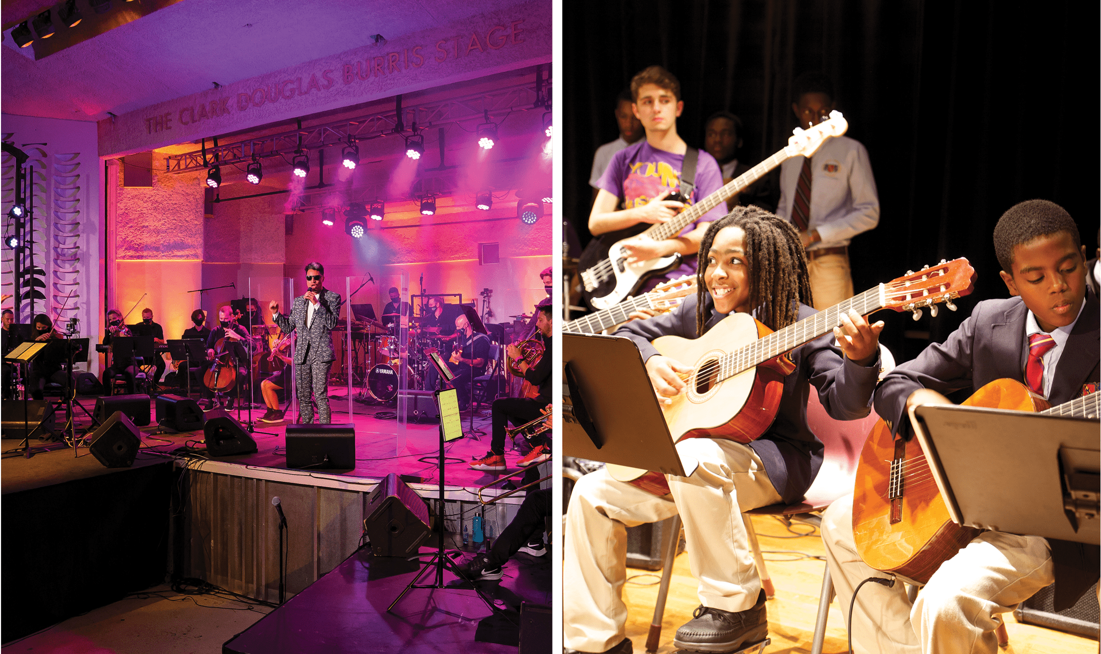 On the left, a singer in front of a band with multiple instruments. On the right, two classical guitarists play.