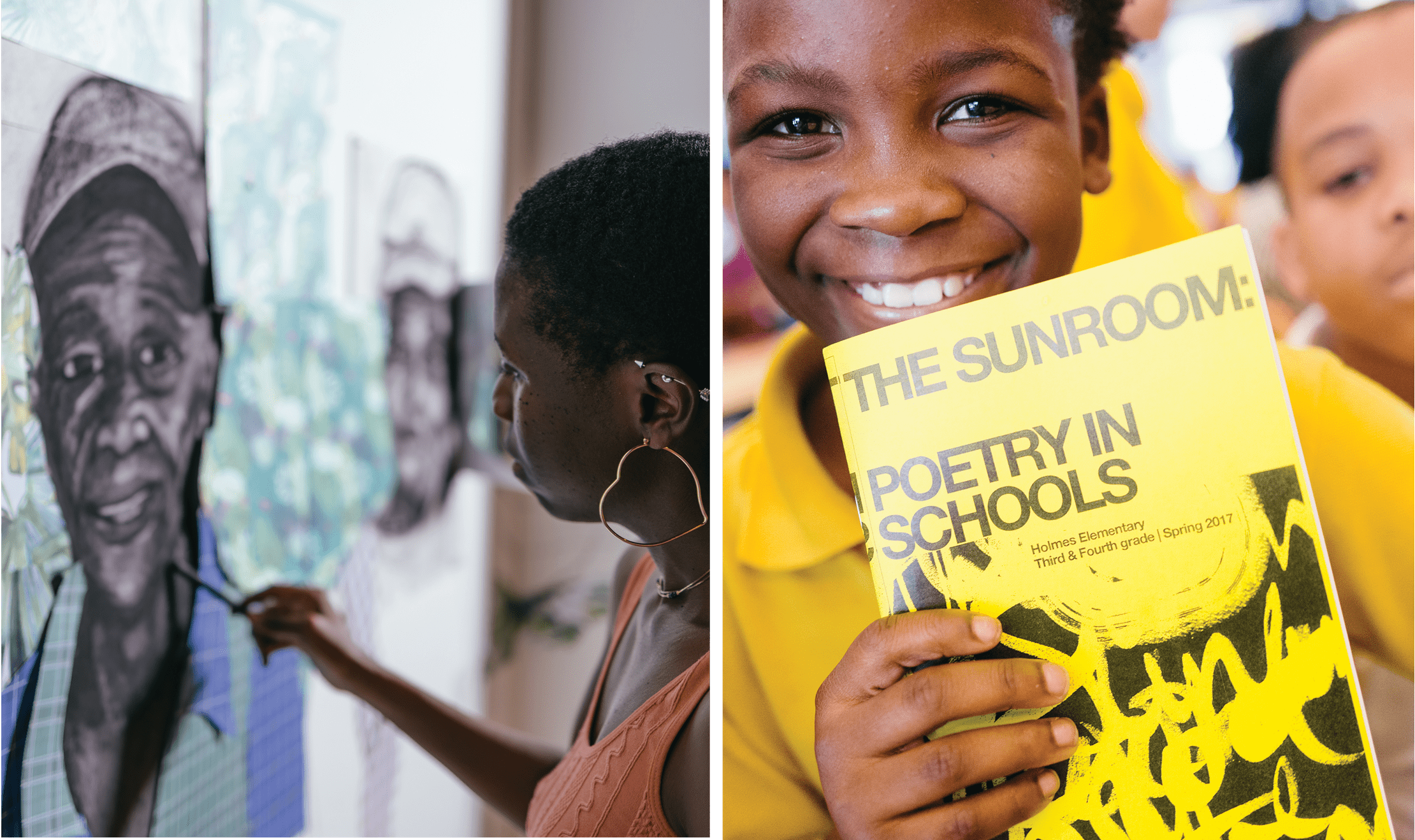 On the left, a grantee of the Pérez CreARTE Grant Program painting a picture. On the right, a child holds a poetry book.