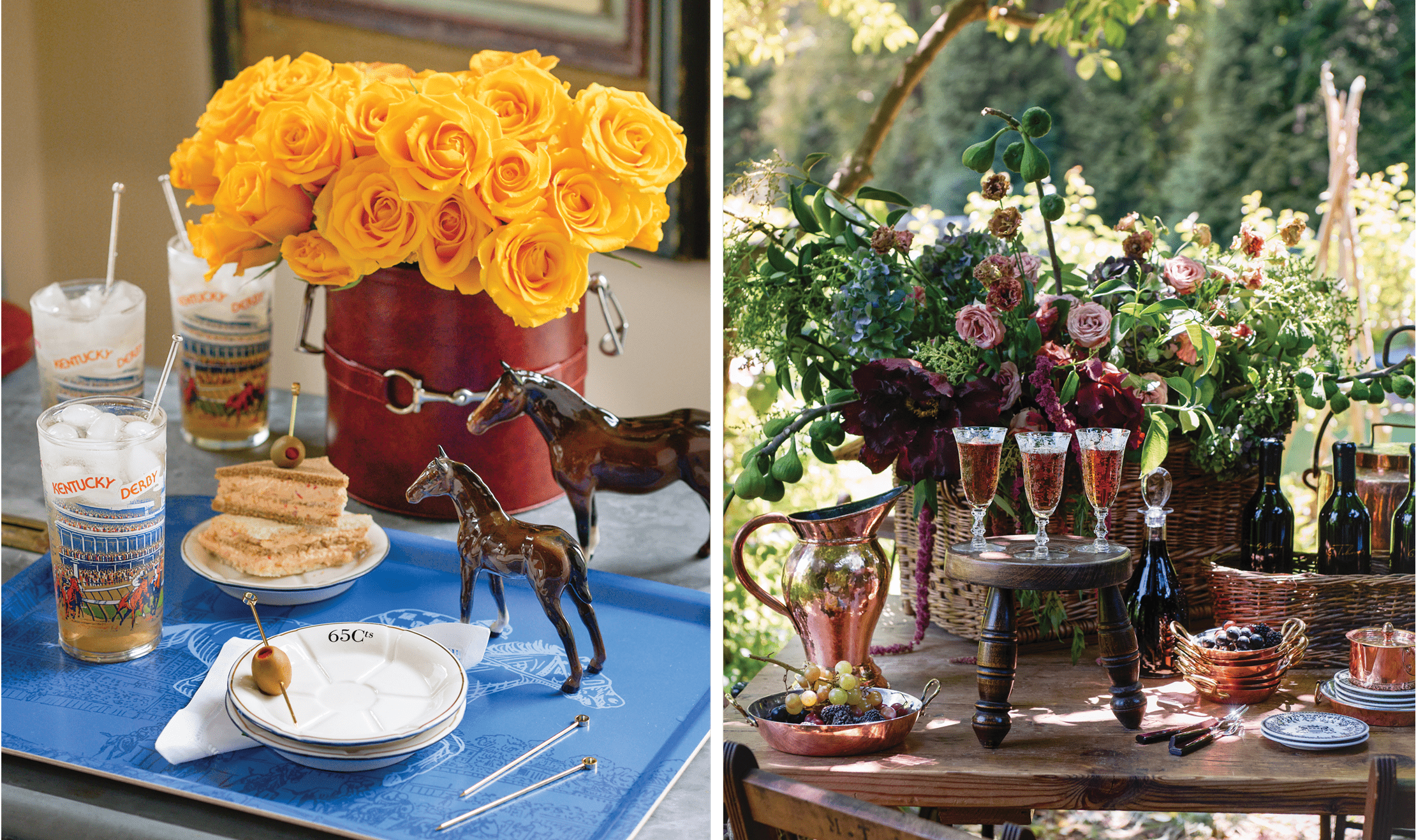 Left, small horses and an orange bouquet on a tablescape. Right, a rustic-themed outdoor setting with a flower display.