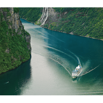 Oceania Cruises, a cuisine-focused cruise line, is pictured drifting along a green-colored coastline.