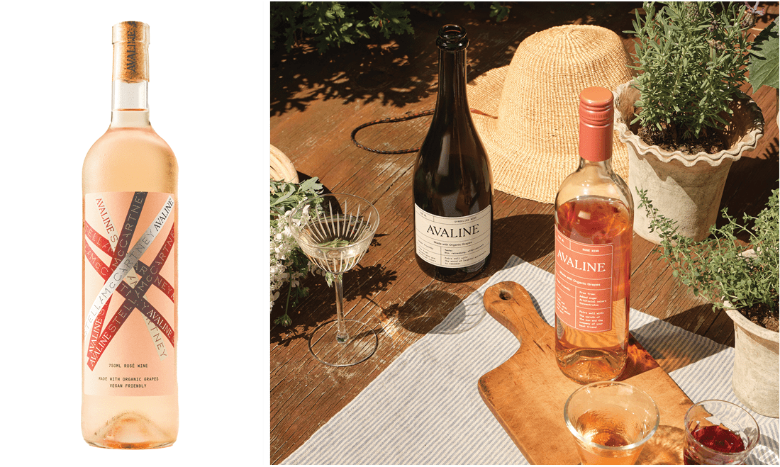Left: A Stella McCartney-designed label by Avaline. Right: A red and white Avaline wine on a wooden table.