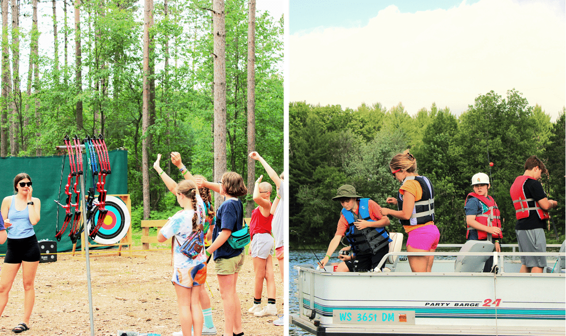 Left: Campers as Wisconsin Lions Camp with a camp leader. Right: Campers on a boat fishing.