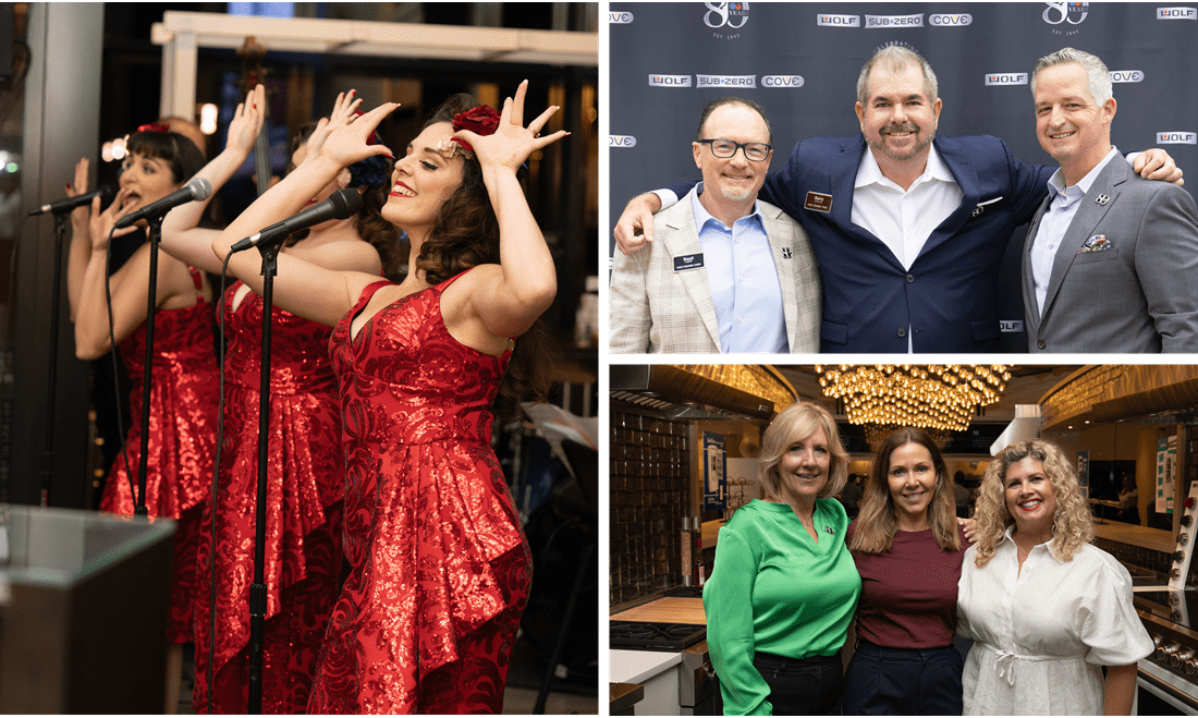 The Satin Dollz perform while patrons celebrate at the Sub-Zero, Wolf, and Cove showroom in Costa Mesa, California.