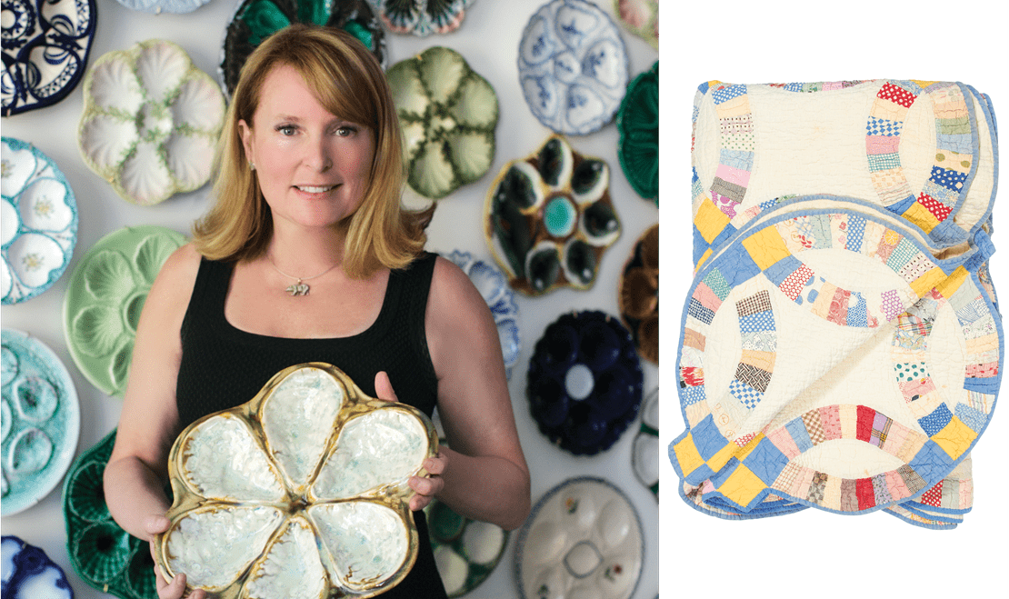 On the left, Dianne O'Connor holding a vintage oyster plate. On the right, a quilt her grandmother stitched.