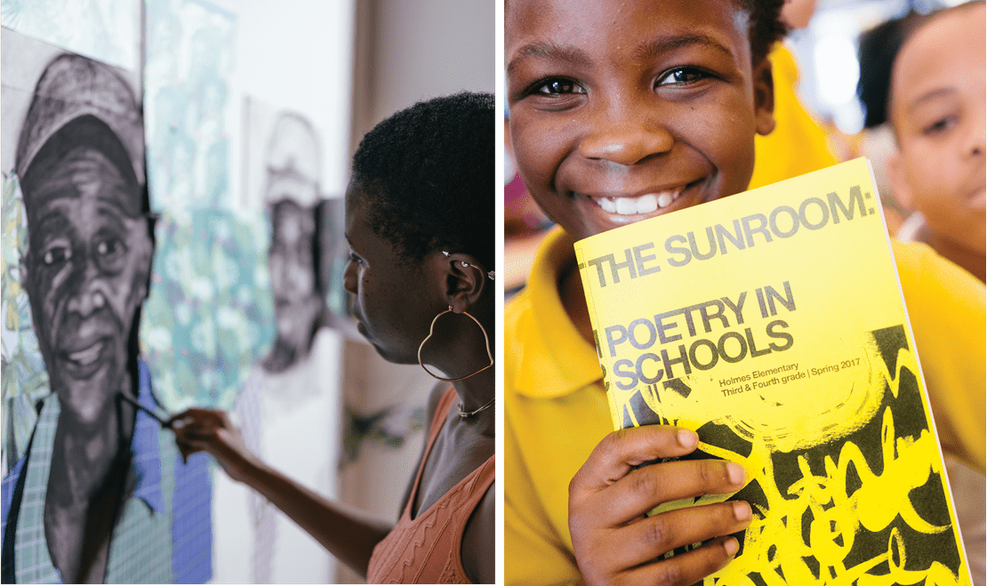 On the left, a grantee of the Pérez CreARTE Grant Program painting a picture. On the right, a child holds a poetry book.