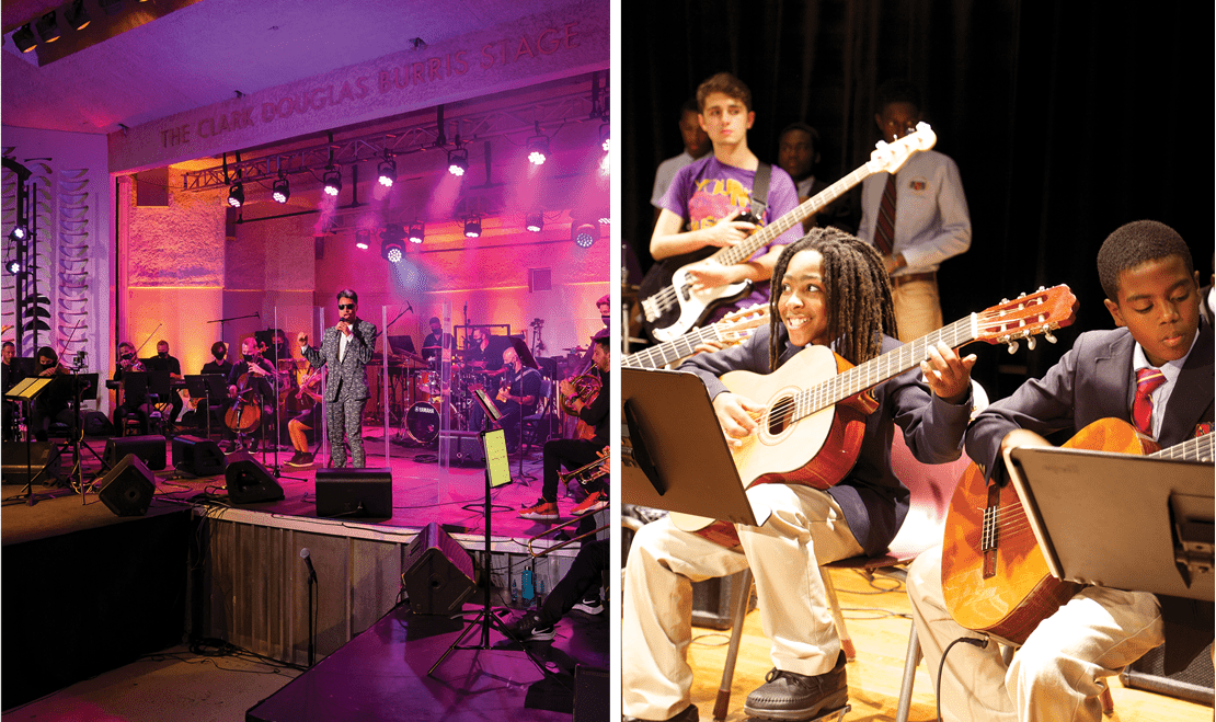 On the left, a singer in front of a band with multiple instruments. On the right, two classical guitarists play.