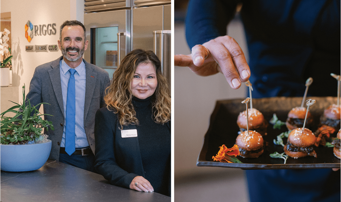 On the left, Grant Riggs and Marissa Durazzo pose at their San Francisco showroom. On the right, mini cheeseburgers.