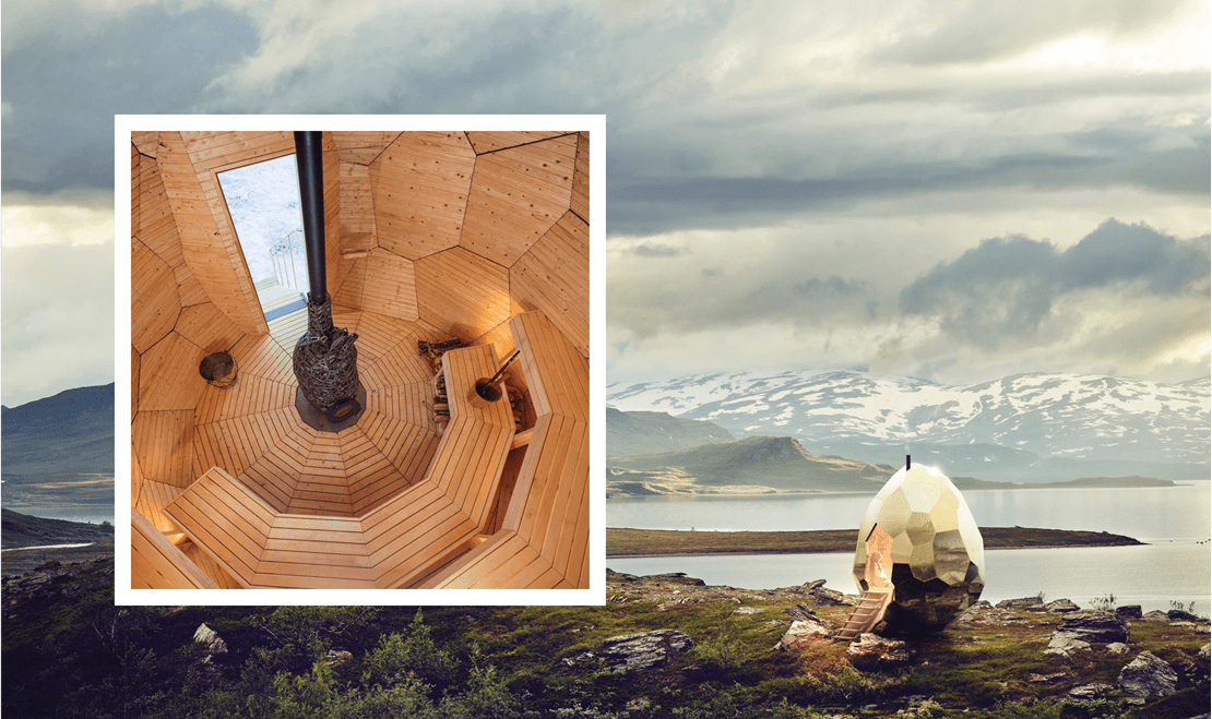 Located in Sweden, the Solar Egg is a public sculpture with a gold, steel-paneled exterior and an interior sauna.