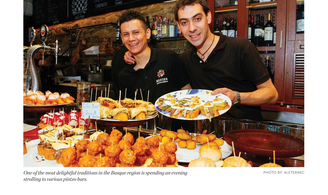 One of the most delightful traditions in the Basque region is spending an evening strolling to various pintxo bars.