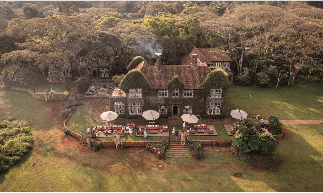 An aerial view of the 1932 Giraffe Manor, next to acres of woodland, in Nairobi, Kenya.