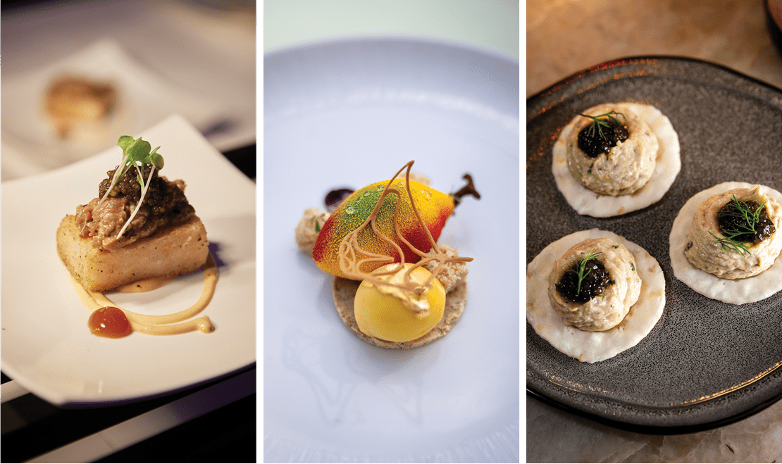 Three separate images of meals that are created by prestigious chefs at The Ritz-Carlton, Grand Cayman.