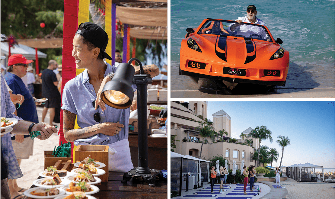 Three images of the activities that can take place at the Ritz-Carlton, Grand Cayman like aquatic adventures and yoga.