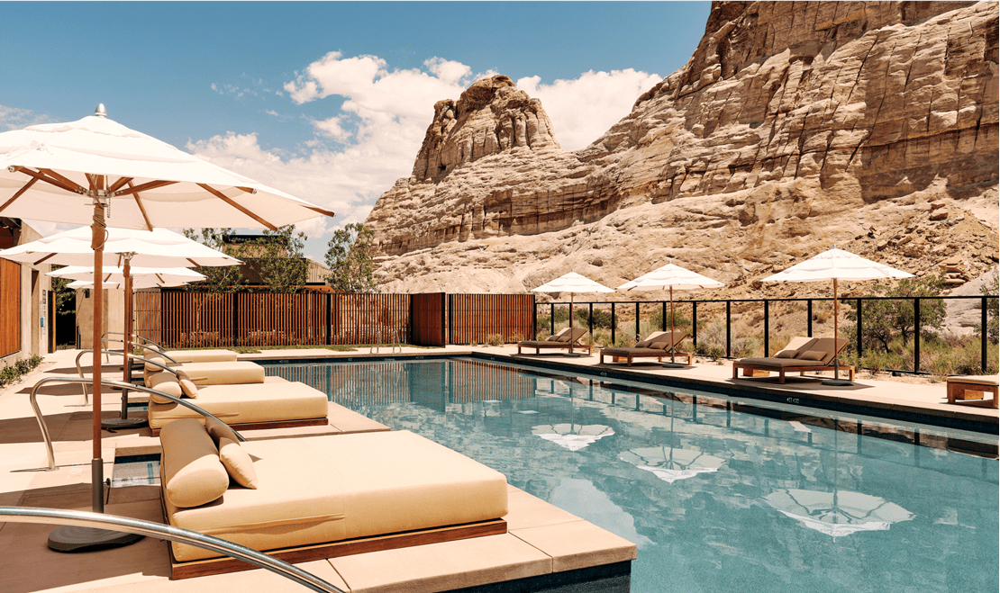 Amangiri Resort is centered around its swimming pool, which also features dining areas, a boutique, and a renowned spa area.