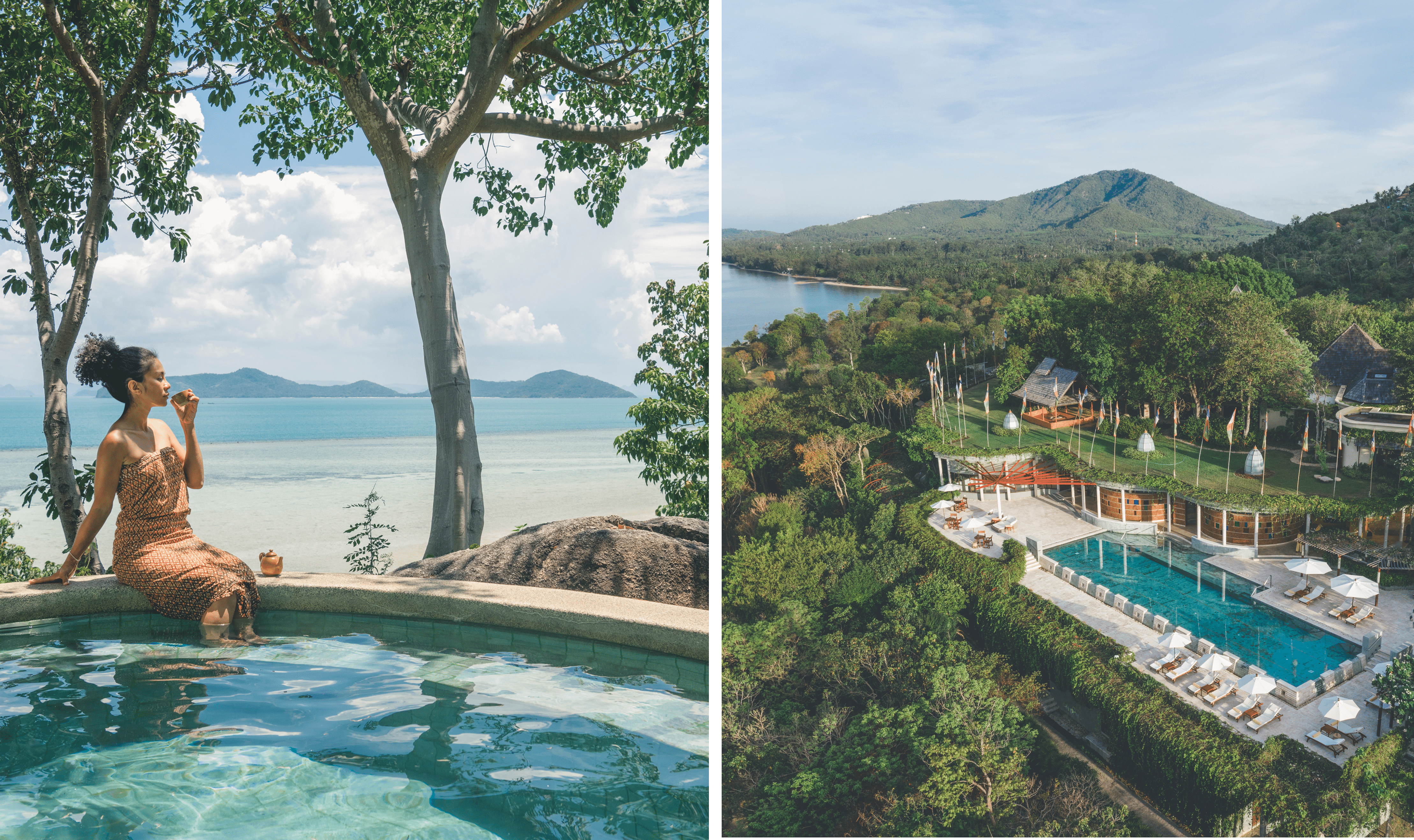 Left: A woman enjoying a drink of tea in an outdoor pool. Right: An aerial view of the Kamalaya Koh Samui resort in Thailand.