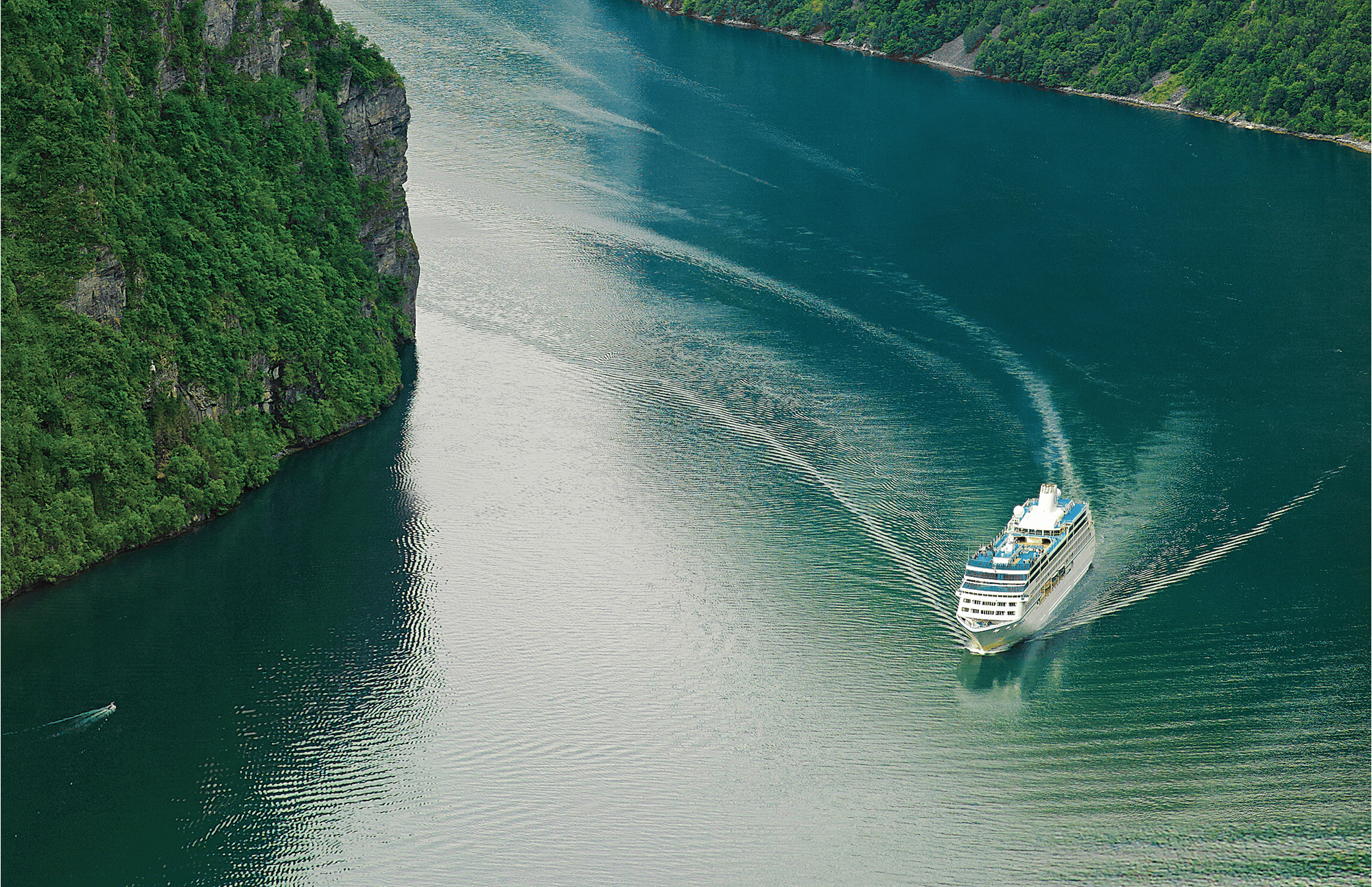 Oceania Cruises, a cuisine-focused cruise line, is pictured drifting along a green-colored coastline.