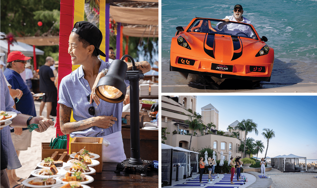 Three images of the activities that can take place at the Ritz-Carlton, Grand Cayman like aquatic adventures and yoga.