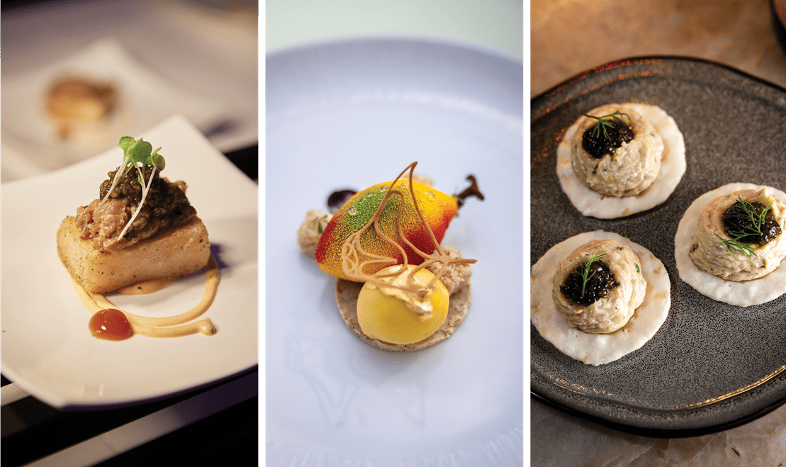 Three separate images of meals that are created by prestigious chefs at The Ritz-Carlton, Grand Cayman.