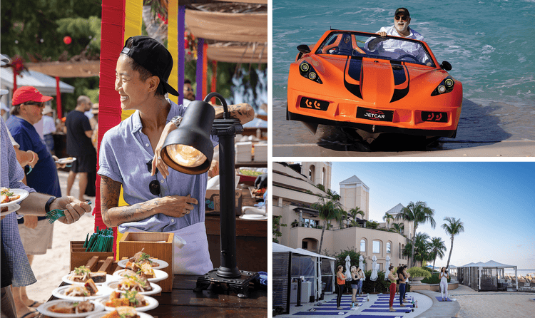 Three images of the activities that can take place at the Ritz-Carlton, Grand Cayman like aquatic adventures and yoga.