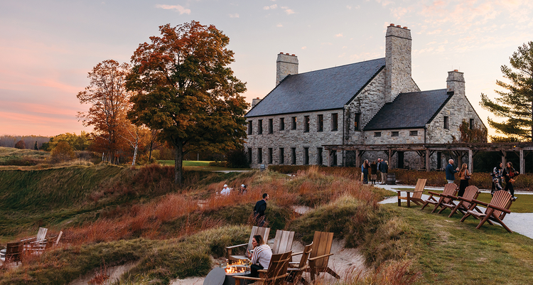 Many people enjoying the ambiance outside the Whistling Straits clubhouse in Sheboygan, Wisconsin.