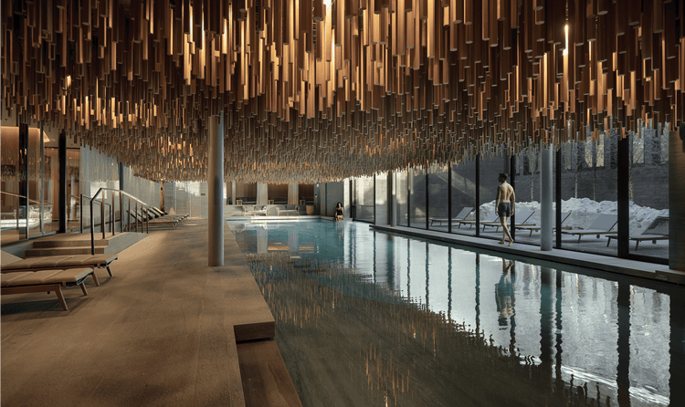 The resort's architecture can be admired while at the large indoor pool with a timber ceiling peering in the courtyard.