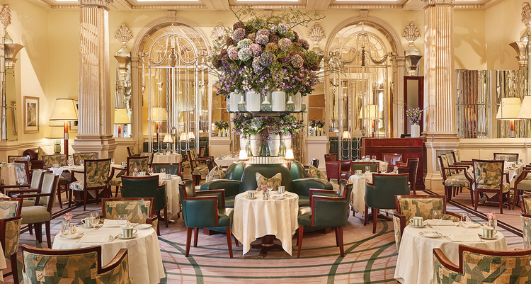 Inside the old English-themed restaurant at Claridge's, one of London's most historic hotels.