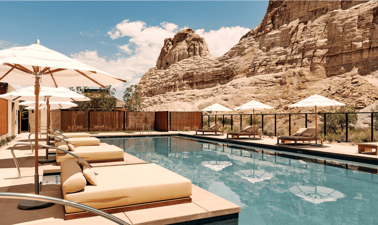 Amangiri Resort is centered around its swimming pool, which also features dining areas, a boutique, and a renowned spa area.