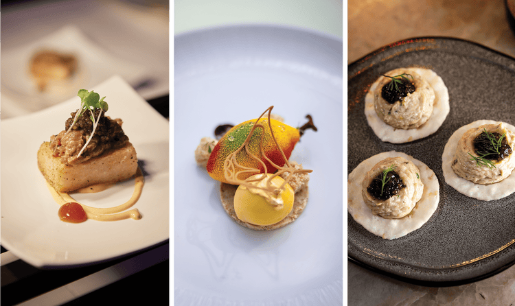 Three separate images of meals that are created by prestigious chefs at The Ritz-Carlton, Grand Cayman.